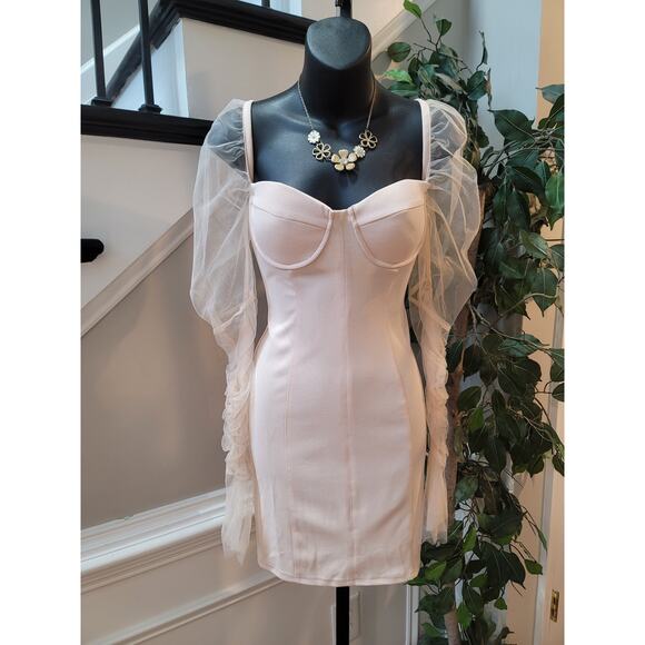 Womens Cocktail Dress Medium Pink Sheer Long Sleeve Mesh Bustier Bodycon Party - Picture 2 of 11